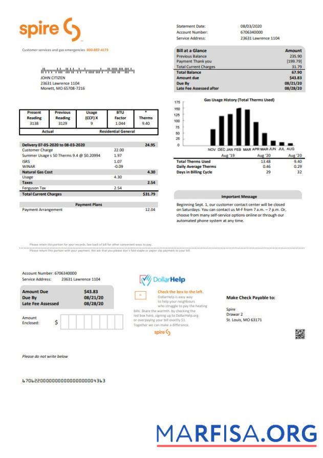 Printable USA Spire gas utility bill template in Word and PDF format